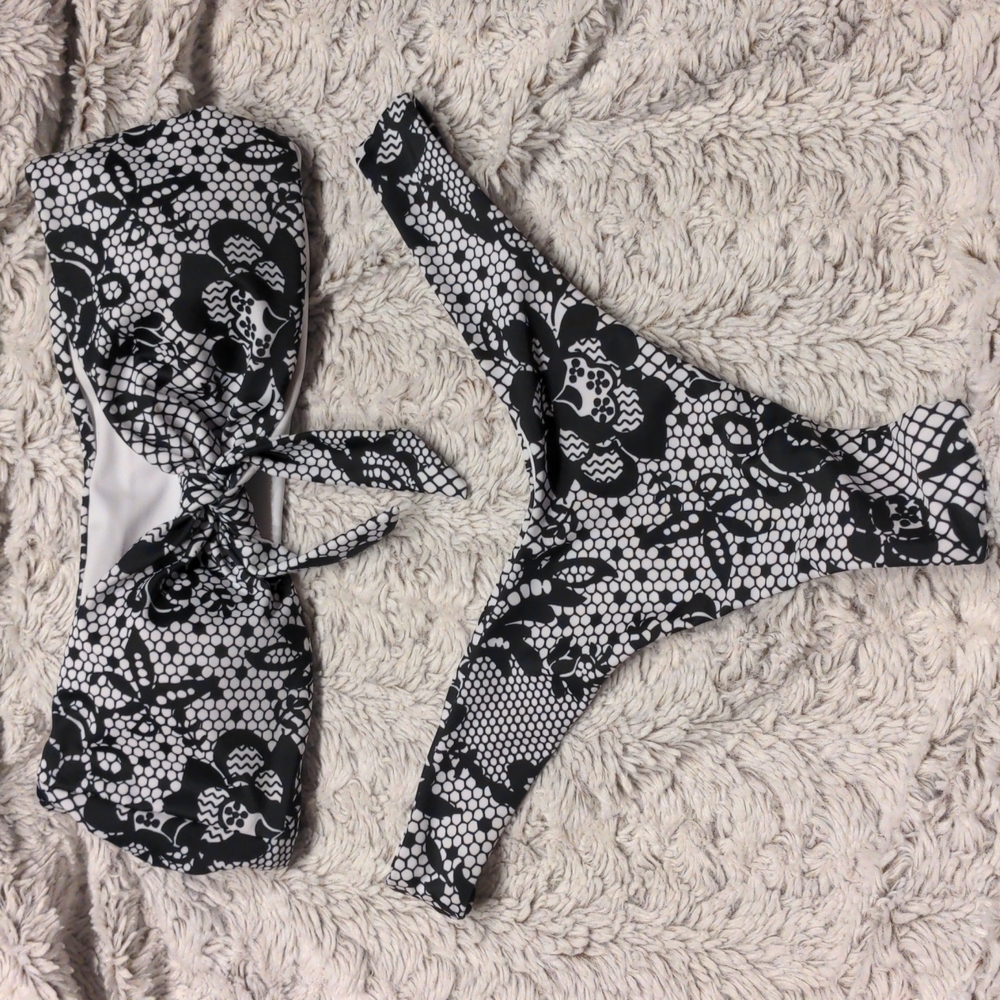 Bikini Tube top - knot front bandeau top floral & lace large - 3 piece set